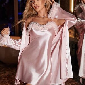 Satin Pink Ruffle-Trim Slip Dress & Robe Set